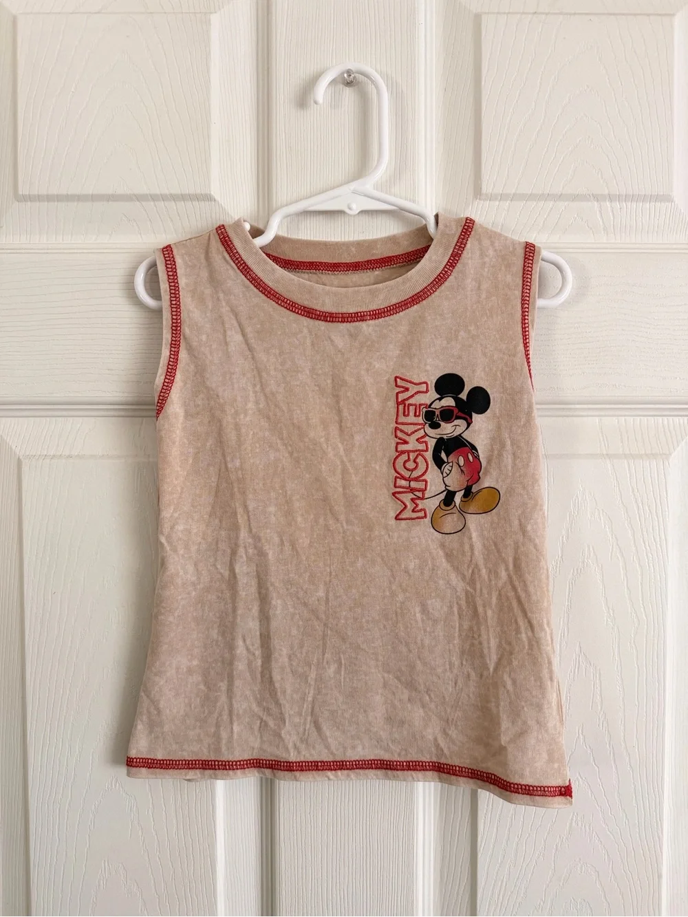 Disney Beige Tank Top with Mickey Graphic and Red Trim